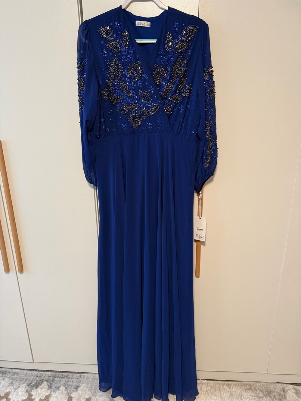 Rina diMontella Royal Blue Beaded Long-Sleeve Evening Dress